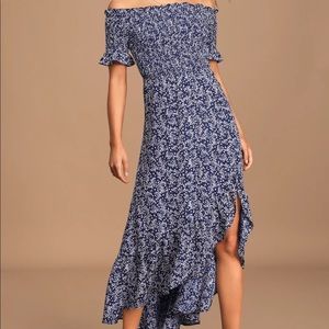 Blue, off the shoulder dress